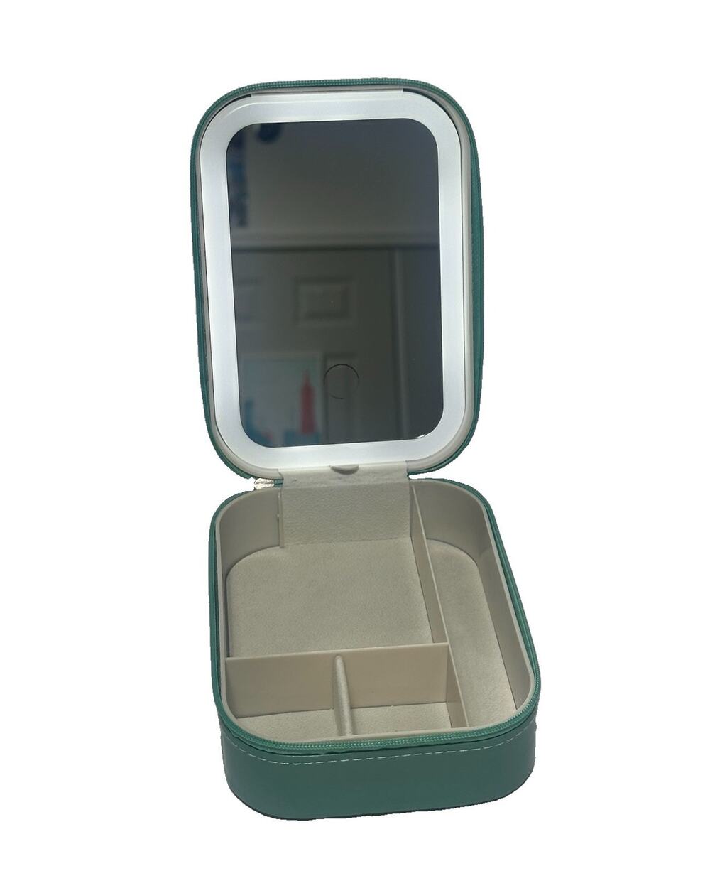 Chargeable Green LED Lighted Makeup Mirror w/ Storage Case, Tabletop, Rectangle